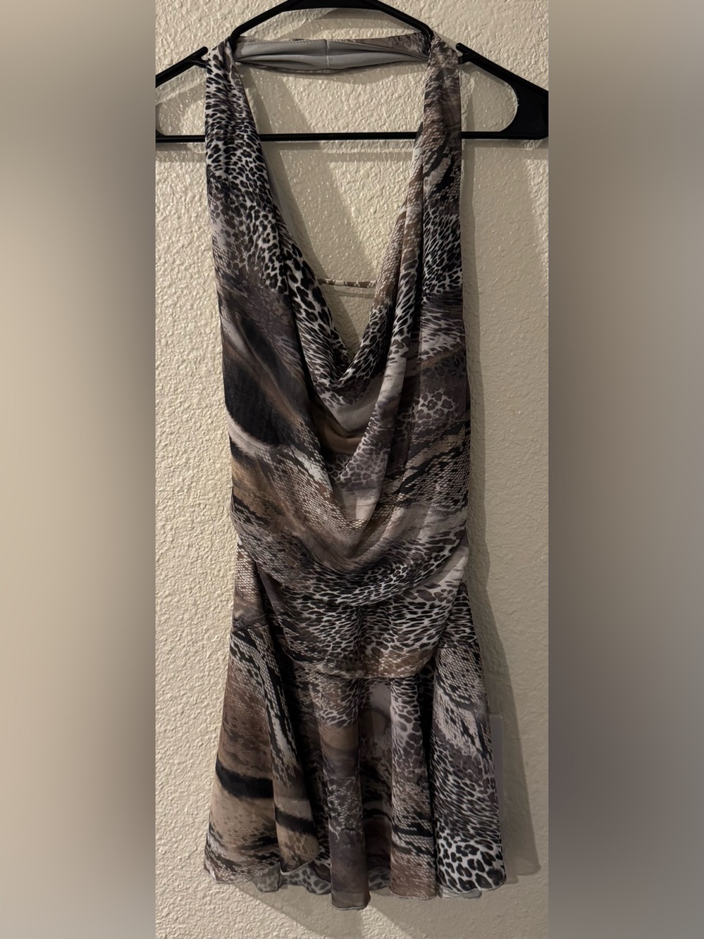 NWT Persaya Backless Cowl-Neck Animal Print Dress in Brown, Black, Cream